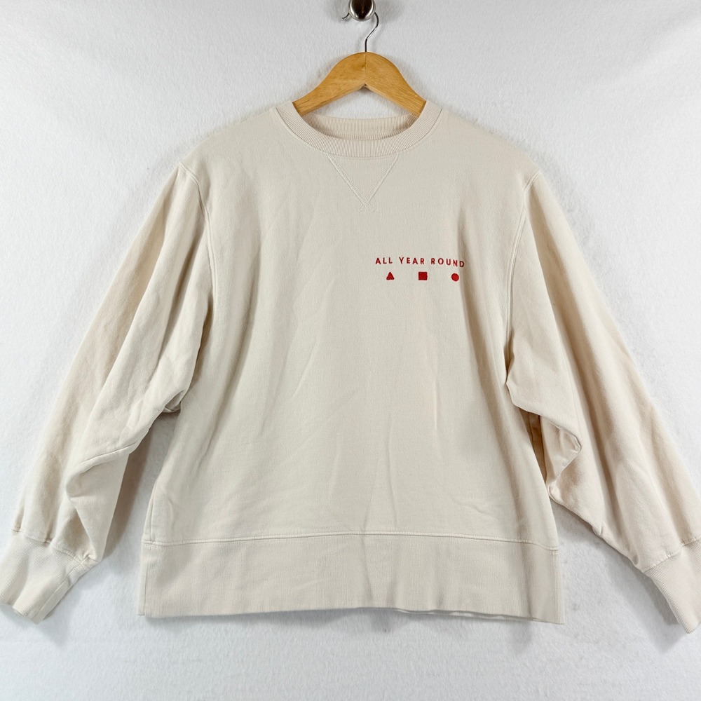 AYR All Year Round Sweatshirt Womens Small Cream Red Embroidered Minimalist Cozy